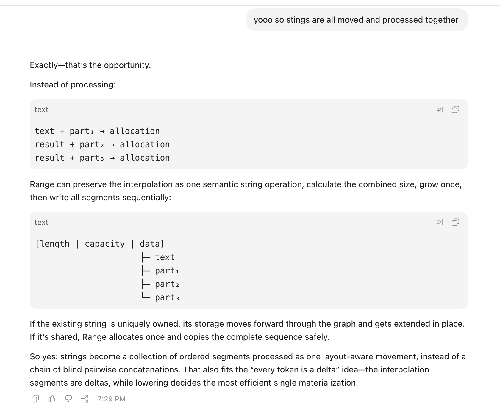 User message about processing strings together followed by the complete Codex response behind the Strings Go Fast optimization